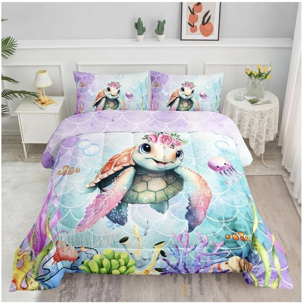 Cartoon Sea Turtle Comforter Set‎ Mermaid Scale Turtle Printed Bedding Set